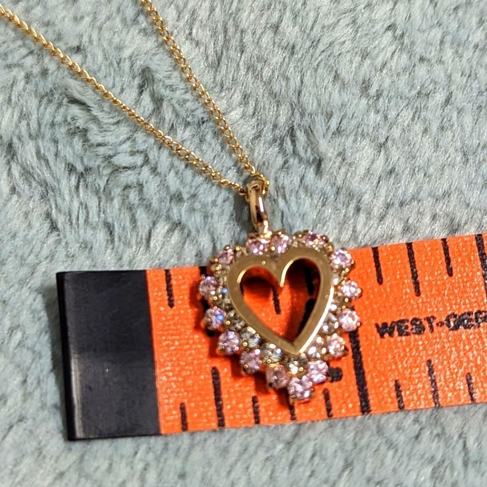 Heart Shaped Pendant w/ Clear & Pale Pink CZ's - Gold over Sterling Silver - Picture 13 of 14